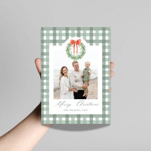 Green Plaid Preppy Christmas Card Template Watercolor Green Christmas Card Photo Template Elegant Editable Printable Holiday Card Template
