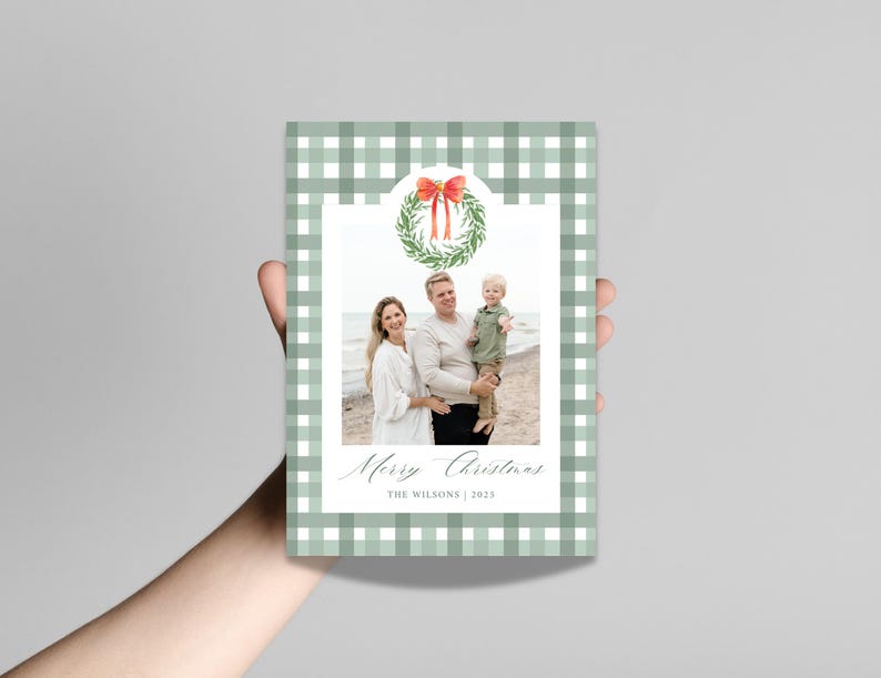 Green Plaid Preppy Christmas Card Template Watercolor Green Christmas Card Photo Template Elegant Editable Printable Holiday Card Template