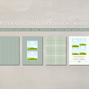 May include: Four card design options with green and white patterns. The cards include vertical stripes, a striped frame with photo inserts, a plaid pattern, and a card with four landscape images and text that reads "From the Williams". Text at the top reads "PLUS 4 ADDITIONAL BACK DESIGN CHOICES!"