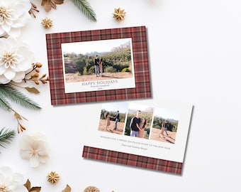 May include: Two holiday greeting cards with a red and brown plaid pattern border. One card features a photo with the text "HAPPY HOLIDAYS" and "From the Langfords 2023". The other card has three photos and the text "WISHING YOU A FRESH, JOY-FILLED START TO THE NEW YEAR".