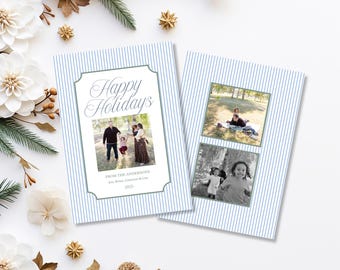 Preppy Christmas Card Template Pastel Green and Coastal Blue Christmas Card Photo Template Elegant Editable Printable Holiday Card Template