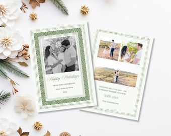 Green Elegant Photo Template Holiday Card Patterned Border Pastel and Pine Green Happy Holiday Template Photo Card Elegant Christmas Card