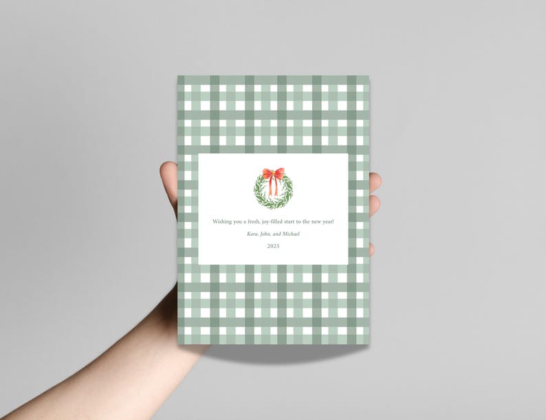 Green Plaid Preppy Christmas Card Template Watercolor Green Christmas Card Photo Template Elegant Editable Printable Holiday Card Template
