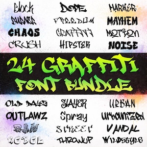 Puede incluir: Imagen que muestra un conjunto de 24 fuentes de graffiti. El texto principal "24 GRAFFITI FONT BUNDLE" está en degradado verde y amarillo. Palabras adicionales como "Block", "Dope" y "Marker" se muestran en estilos de graffiti audaces.
