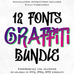 May include: A digital graphic design featuring the words "12 FONTS GRAFFITI BUNDLE" in bold, stylized lettering. The word "GRAFFITI" is in a gradient of purple and pink with a green outline. Additional text includes "INSTALLATION INSTRUCTIONS INCLUDED" and "COMMERCIAL USE ALLOWED."