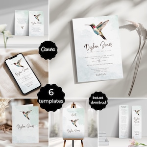 Könnte beinhalten: Ein Set aus sechs Vorlagen für Trauerdrucksachen mit einer Kolibri-Aquarellillustration und dem Text Dylan Jones. Das Set enthält eine Gedenkkarte, eine Smartphone-Anzeige, ein gefaltetes Programm, ein Schild auf einer Staffelei und Lesezeichen.