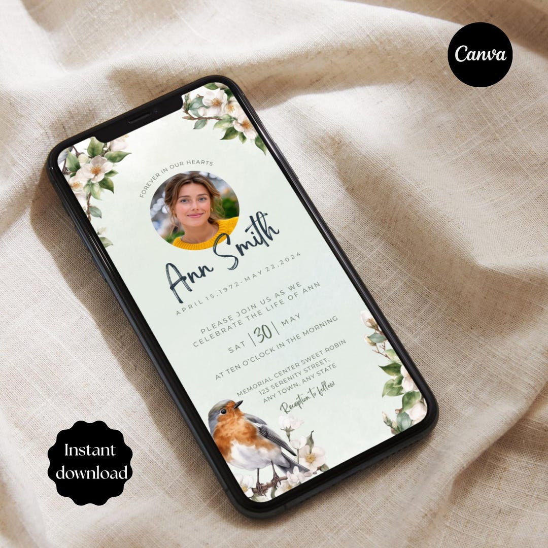 Robin & Blossom Digital Funeral Invitation, Electronic Funeral ...