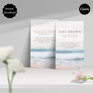May include: Two memorial cards with a beach scene. One card has the text "Like waves upon the shore, your love will always return to us." The other card reads "Jake Brown, Sunrise - March 22, 1947, Sunset - July 13, 2024."