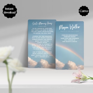 Puede incluir: Dos tarjetas conmemorativas con un diseño de cielo y arcoíris. Una tarjeta dice "Just a Memory Away" con un poema. La otra tarjeta dice "Megan Walker" con fechas y un mensaje sobre el amor y la bondad.