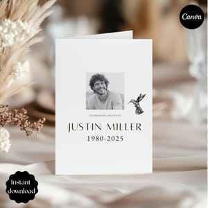 May include: A white memorial card with a black and white photo of a smiling man, a hummingbird illustration, and the text "Celebrating the Life of Justin Miller 1980-2025". The card is an instant download.