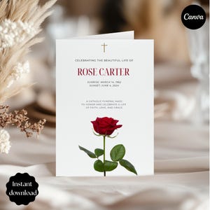 May include: A white funeral card with the text "CELEBRATING THE BEAUTIFUL LIFE OF ROSE CARTER" and a red rose. The card includes the dates "SUNRISE: MARCH 14, 1962" and "SUNSET: JUNE 4, 2024". The words "Instant download" are also visible.