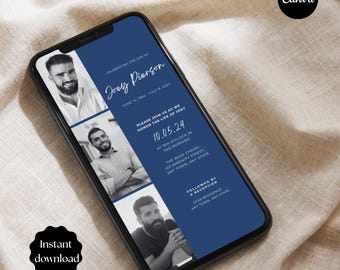 May include: A smartphone displays a memorial invitation with the text "Celebrating the Life of Joey Pierson." The design features three black and white photos of a man, with event details in white text on a navy blue background. The invitation is available for instant download.