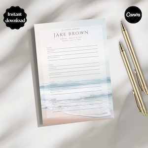 May include: A memorial guest book with a beach scene background. The text reads "In Loving Memory JAKE BROWN" with dates. Two gold pens are next to the book. The words "Instant download" and "Canva" are also visible.