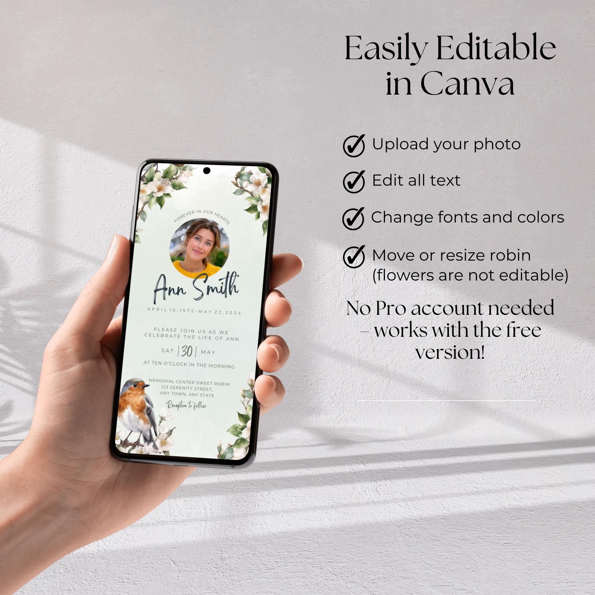 Robin & Blossom Digital Funeral Invitation, Electronic Funeral ...