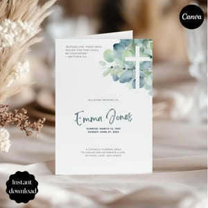 Puede incluir: Una tarjeta conmemorativa blanca con un diseño de cruz y eucalipto en acuarela. La tarjeta incluye el texto "In Loving Memory of Emma Jones" y las fechas 14 de marzo de 1962 - 27 de junio de 2024. La tarjeta también incluye el texto "Instant download".