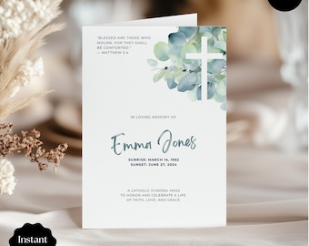 Può includere: Un biglietto commemorativo bianco con un design ad acquerello a forma di croce ed eucalipto. Il biglietto include il testo "In Loving Memory of Emma Jones" e le date 14 marzo 1962 - 27 giugno 2024. Il biglietto include anche il testo "Instant download".