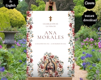 Cartel Bienvenida Funeral Católico Editable, Virgen De Guadalupe, Letrero Misa o Celebración de Vida, Funeral Welcome Sign, Funeral Poster