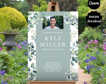 Funeral Welcome Sign with Eucalyptus Leaves, Greenery Funeral Poster Board, Memorial Sign Template, Celebration of Life Decor - Canva