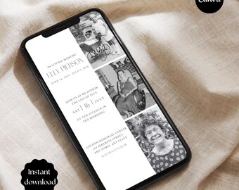 Puede incluir: Un teléfono inteligente muestra una invitación conmemorativa con el texto "In Loving Memory Elly Pierson." El diseño incluye fotos en blanco y negro y las palabras "Únase a nosotros para honrar la vida de Elly." El logotipo de Canva está en la esquina superior derecha.