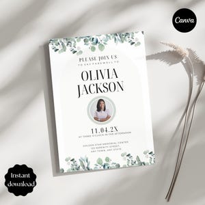 Greenery Funeral Invitation, Funeral Announcement, Memorial Invite, Celebration of Life Eucalyptus Template, Editable Canva, Direct Download