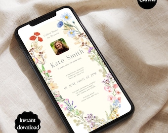 May include: A smartphone displays a memorial service invitation. The design features a photo, floral border, and text including the name "Kate Smith" and service details. The words "Instant download" and "Canva" are also visible.