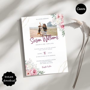 Funeral Announcement with Pink Roses, Editable Floral Celebration of Life Invitation, Printable Memorial Invite Template - Digital Download