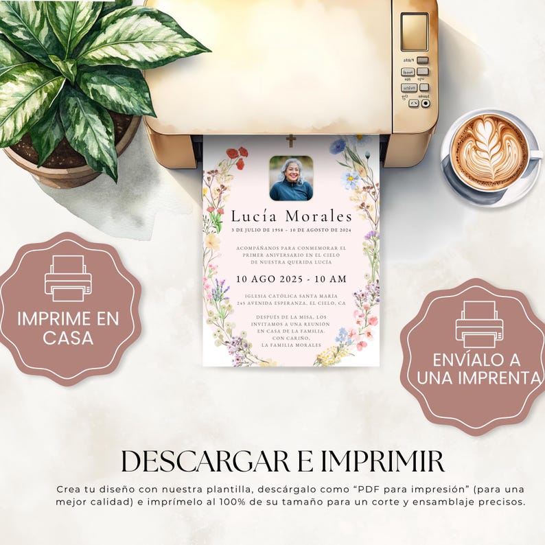 Editable Invitación de la Celebración del Primer Aniversario en el Cielo, Tarjeta Memorial Católica Misa, Corona Floral, Español - Canva