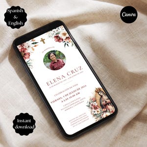 May include: A smartphone displays a memorial announcement for Elena Cruz. The design includes a photo, floral accents, and text in Spanish and English. The announcement includes the date, time, and location of the celebration of life.