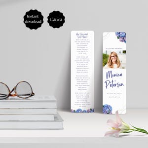 May include: Two vertical funeral memorial bookmarks featuring blue hydrangea floral accents. One bookmark displays the poem Her Journey's Just Begun, while the other features a photograph of a woman, the text In Loving Memory, Monica Peterson, and dates.