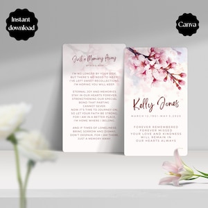 Plantilla de tarjeta de recuerdo funerario floral con flores, tarjeta de oración conmemorativa imprimible, celebración de la vida de una madre (mujer) - Editable en Canva