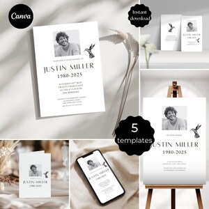 Peut inclure: Plusieurs modèles de faire-part de deuil avec une photo en noir et blanc de Justin Miller, avec les années 1980-2025. Les modèles incluent un graphisme de colibri et le texte "In Loving Memory". Téléchargement instantané disponible.