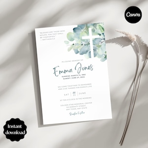 May include: A white memorial card with a watercolor eucalyptus and cross design. The card includes the text "In Loving Memory of Emma Jones" and event details. The Canva logo and "Instant download" are also visible.