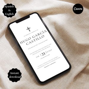 May include: A black smartphone displays a memorial invitation with the name "Hugo García Castillo" and a cross symbol. The text is in black on a white background. The phone is set against a neutral fabric backdrop.