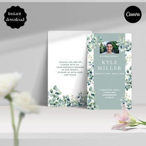 May include: A set of memorial cards with a photograph, text, and floral decorations. The right-hand card displays a photo, the name "Kyle Miller," and dates. The left card contains a message about remembrance. The design incorporates green and white.