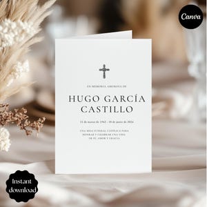 以下が含まれることがあります： 十字架のグラフィックと「EN MEMORIA AMOROSA DE HUGO GARCÍA CASTILLO 11 de marzo de 1942 - 10 de junio de 2024」のテキストが書かれた白い葬儀用カード。カードには「UNA MISA FUNERAL CATOLICA PARA HONKAR Y CELEBRAR UNA VIDA DE FE, AMOR Y GRACIA」のテキストも含まれています。