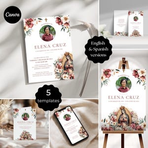 May include: A collection of five memorial templates featuring a portrait of Elena Cruz, floral accents, and text in English and Spanish. The designs include a portrait, a Virgin Mary illustration, and event details.