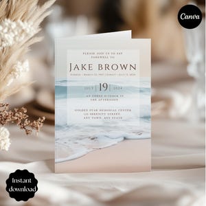 May include: A memorial card with a beach scene background. The card reads "PLEASE JOIN US TO SAY FAREWELL TO JAKE BROWN" with dates and location details. The words "Instant download" are at the bottom.
