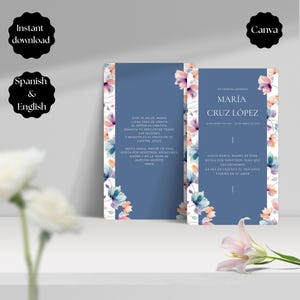 May include: A blue memorial card with floral accents and text in Spanish and English. The card features the name "MARÍA CRUZ LÓPEZ" and includes prayers. The design incorporates a floral border with watercolor-style flowers.