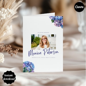 May include: A white memorial card with the text "In Loving Memory" and the name "Monica Peterson" in a handwritten font. The card includes a photo of a woman and is decorated with blue and purple hydrangea flowers. The words "Instant download" are on a black circle.