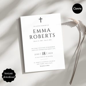 May include: A white memorial card with a black cross and text. The card reads "In Loving Memory of Emma Roberts" with dates and event details. The words "Instant download" are in a black circle.
