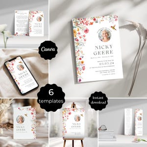 Begravningsmallpaket med kolibri och kolibri, minnesbrevpappersset, redigerbart begravningspaket, blomsterhyllning till livet, Canva
