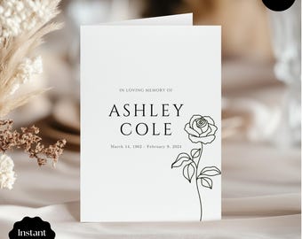 Modèle de programme funéraire minimaliste avec rose, ordre de cérémonie simple à imprimer, livret commémoratif classique, célébration de la vie - Canva