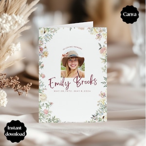 May include: A memorial card with a photo of a smiling woman wearing a hat, surrounded by floral illustrations. The card reads "In Loving Memory" and "Emily Brooks" with dates. The Canva and Instant Download logos are visible.