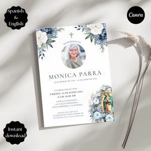 May include: A memorial card with a photo of Monica Parra, featuring floral accents in white and navy blue. The card includes text in Spanish and English, with the Canva logo and an "Instant download" label.