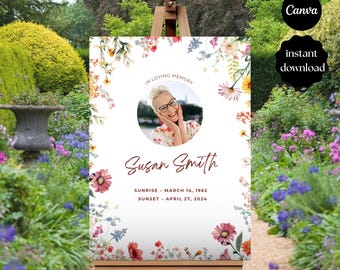 Funeral Welcome Sign with Wildflowers, Printable Floral Funeral Poster, Editable Memorial Sign Template, Celebration Of Life - Canva