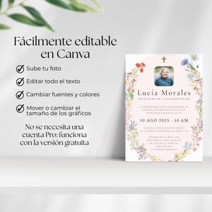 Editable Invitación de la Celebración del Primer Aniversario en el Cielo, Tarjeta Memorial Católica Misa, Corona Floral, Español - Canva