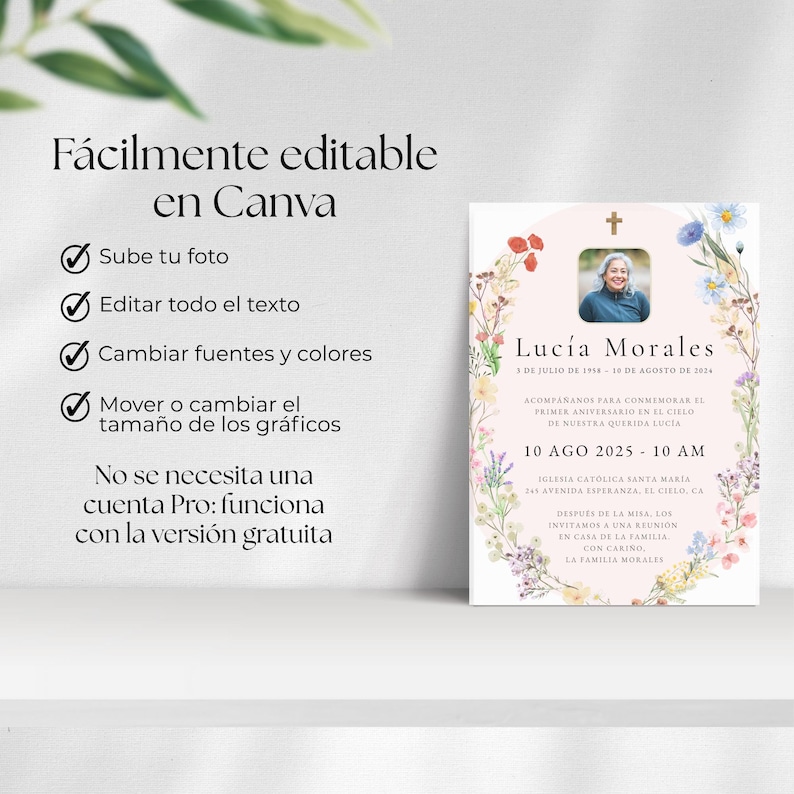 Editable Invitación de la Celebración del Primer Aniversario en el Cielo, Tarjeta Memorial Católica Misa, Corona Floral, Español - Canva
