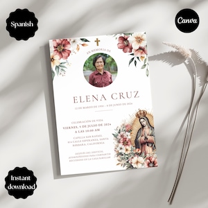 Spanish Catholic Funeral Invitation, Español Virgen De Guadalupe Tarjeta Funebre, En Memoria Amorosa, Floral Virgin Mary - Editable Template