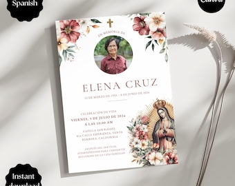 Spanish Catholic Funeral Invitation, Español Virgen De Guadalupe Tarjeta Funebre, En Memoria Amorosa, Floral Virgin Mary - Editable Template