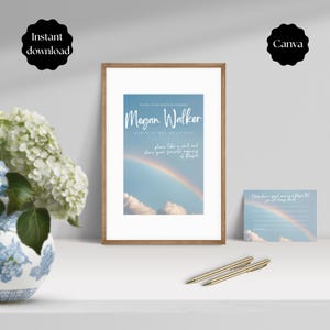 May include: A framed print with the text "Megan Walker" over a rainbow image. The print is in a wooden frame and is accompanied by a matching card and two gold pens. The words "Instant download" and "Canva" are also visible.